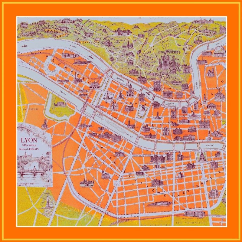 Silk scarf representing a plan of the city of Lyon in the 19th century.