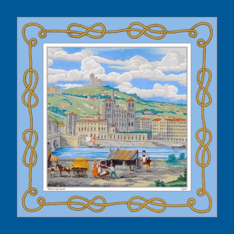 Silk scarf View of the city of Lyon Quay from river Saone hill of Four