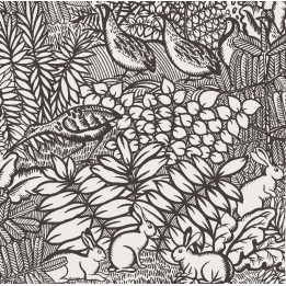 Papier peint Prairie - Animaux Oiseaux (Perdrix, bécasses) et petits lapins à travers champs et taillis, en noir et blanc.