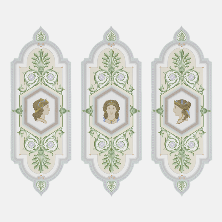 Tableau médaillon de papier peint en trompe-l'œil. Fresques du Parthenon