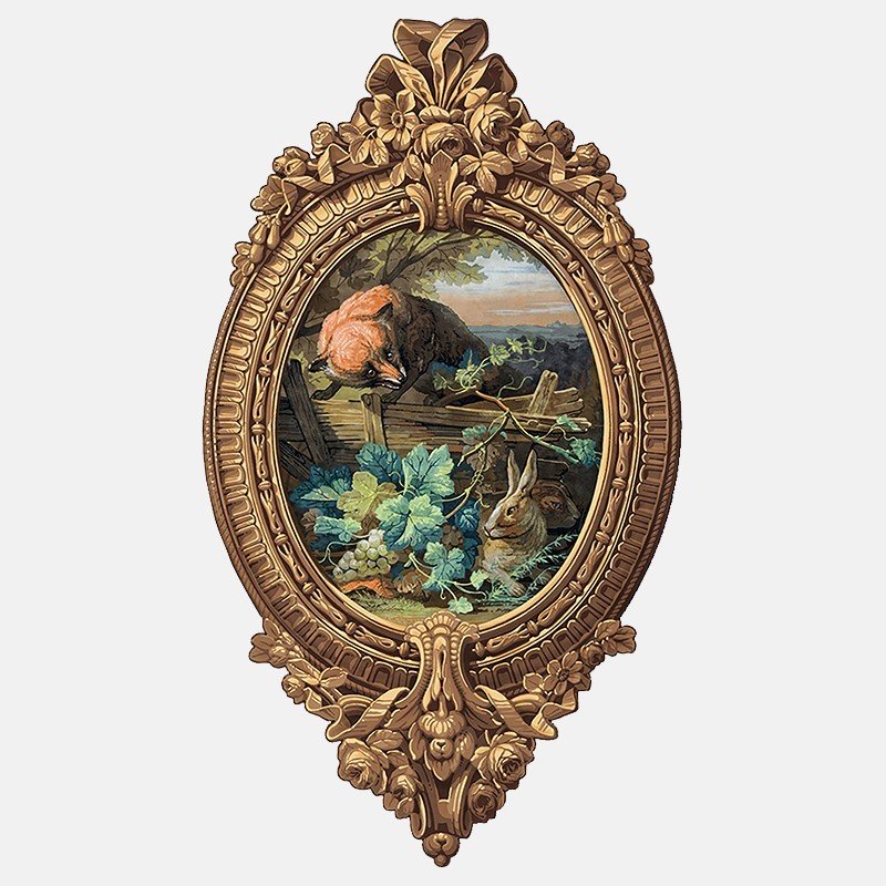 Trompe-l'oeil wallpaper medallion - Fox and hares