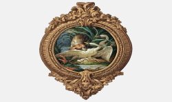 Trompe-l'oeil wallpaper medallion - The dog and the swans