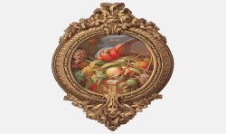Trompe-l'oeil wallpaper medallion - Fruits and parrot