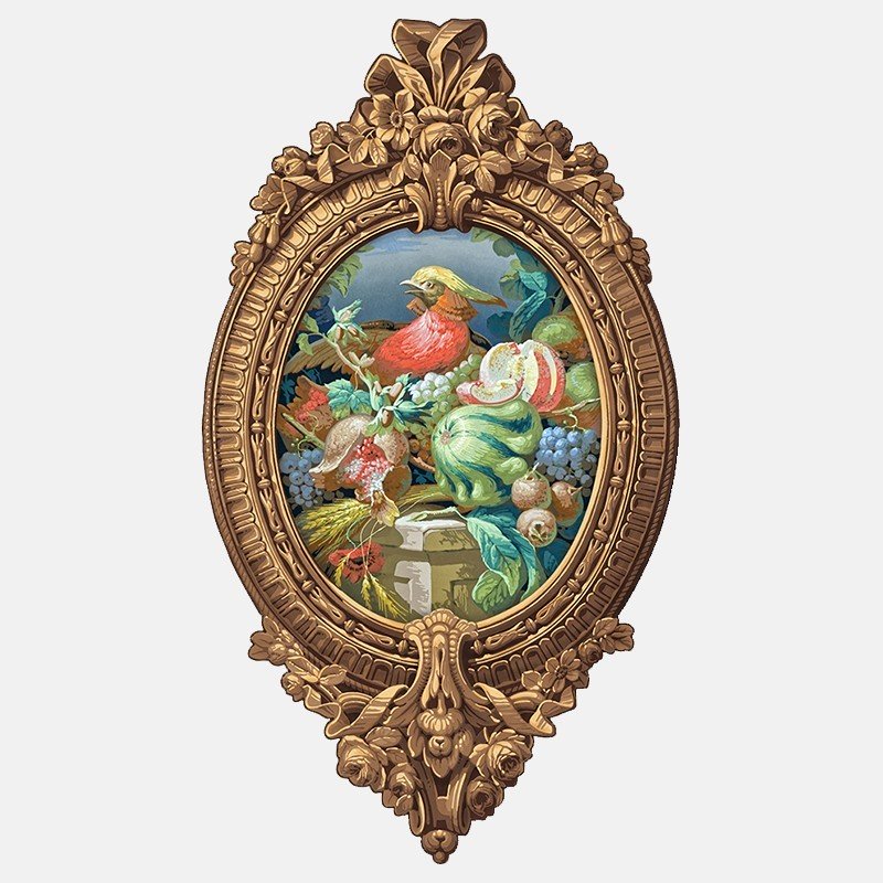 Trompe-l'oeil wallpaper medallion - Fruits and pheasant
