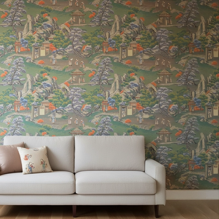 Papier peint de style chinoiserie, représentant un paysage asiatique stylisé.