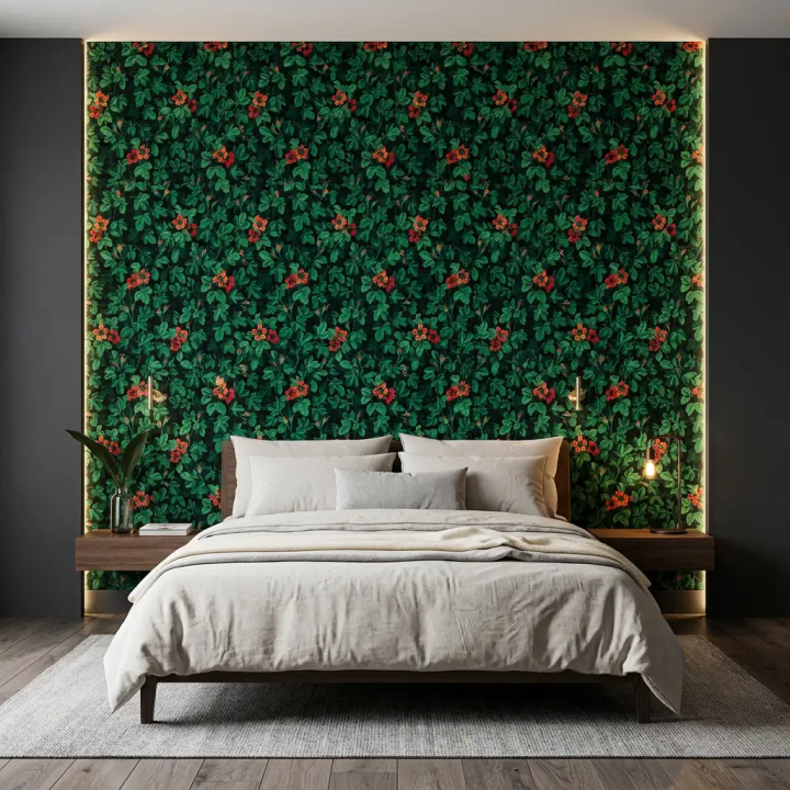 Vintage botanical wallpaper with dense green foliage and small coral and orange flowers in bed head