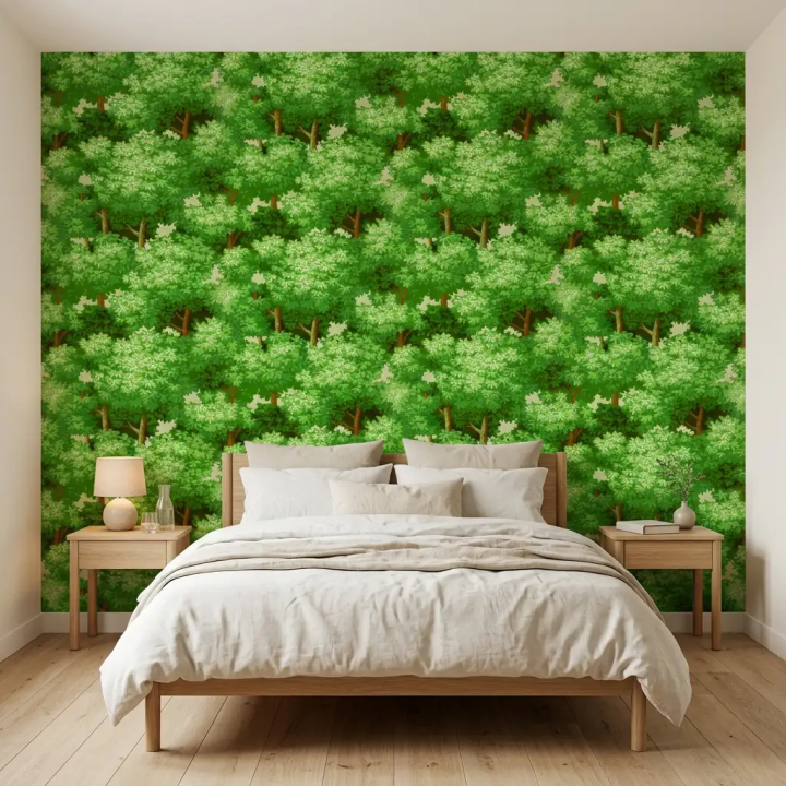 Bedroom with a panoramic wallpaper with dense foliage pattern green forest, used as headboard.