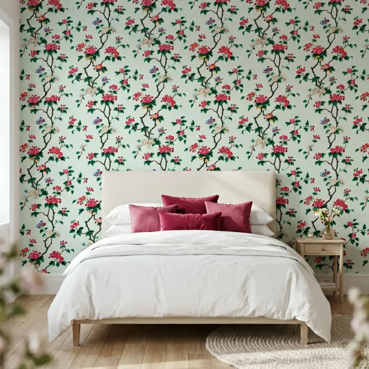 Papier peint motif floral romantique avec branches épineuses grimpantes et fleurs d'églantine roses sur fond pastel