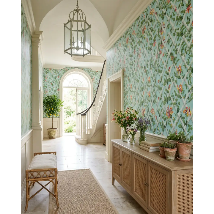 White bamboo trelly pattern wallpaper with pink and yellow climbing honeysuckle flowers on background