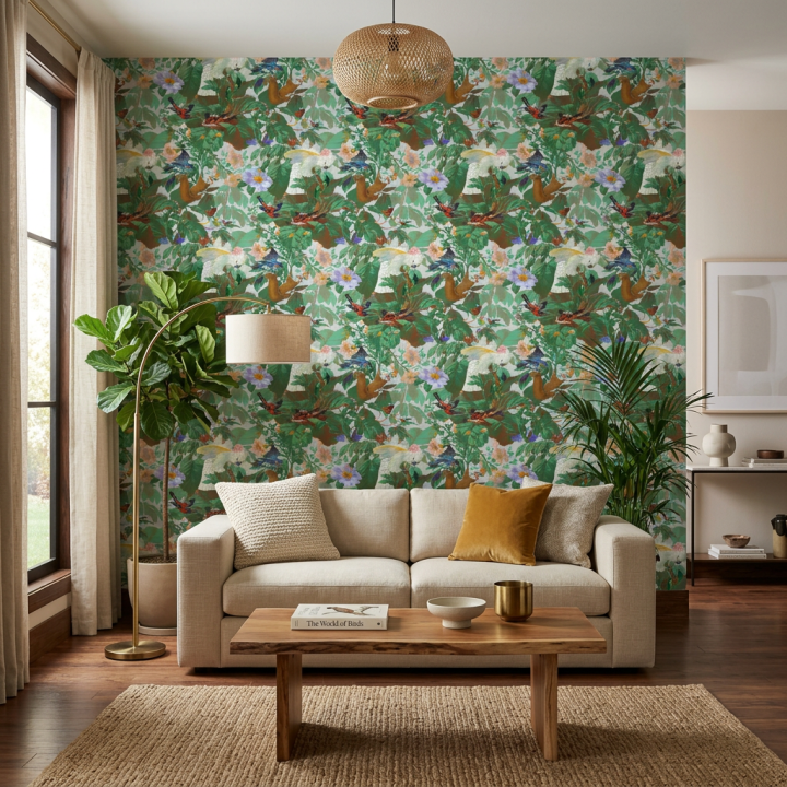 Exotic birds and tropical flowers wallpaper in lush jungle decor