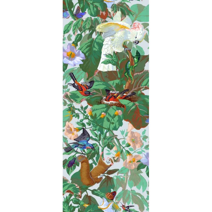 Lé Jardin d'Eden Papier peint oiseaux exotiques et fleurs tropicales dans un décor jungle luxuriant