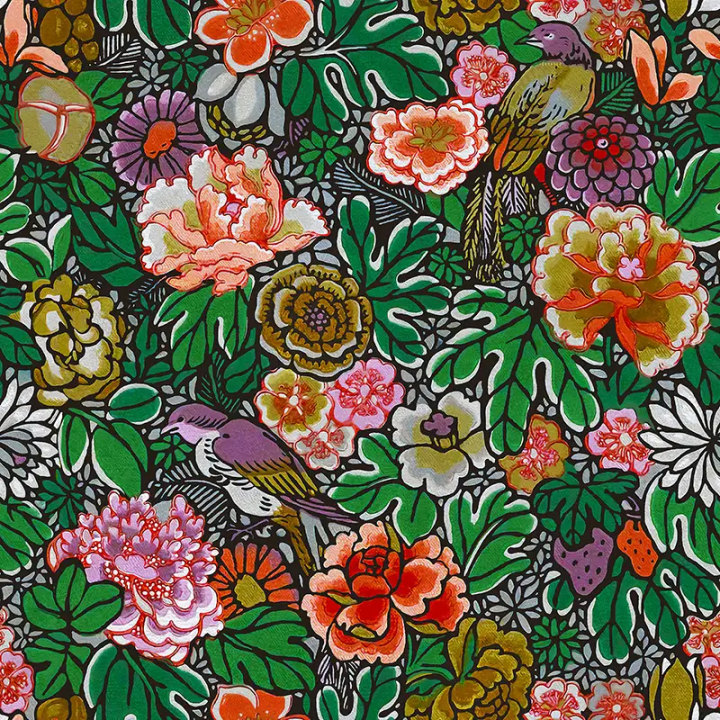 Panoramic Wallpaper Garden Mêli-Mélo with peonies, birds and colorful flowers