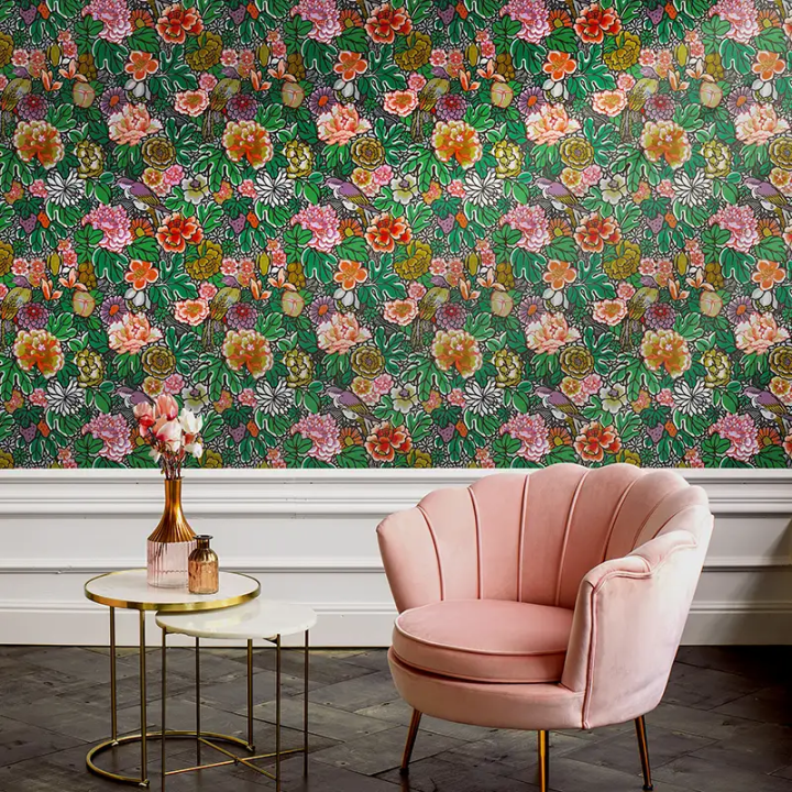 Papier peint panoramique Jardin Mêli-Mélo avec pivoines, oiseaux et fleurs colorées