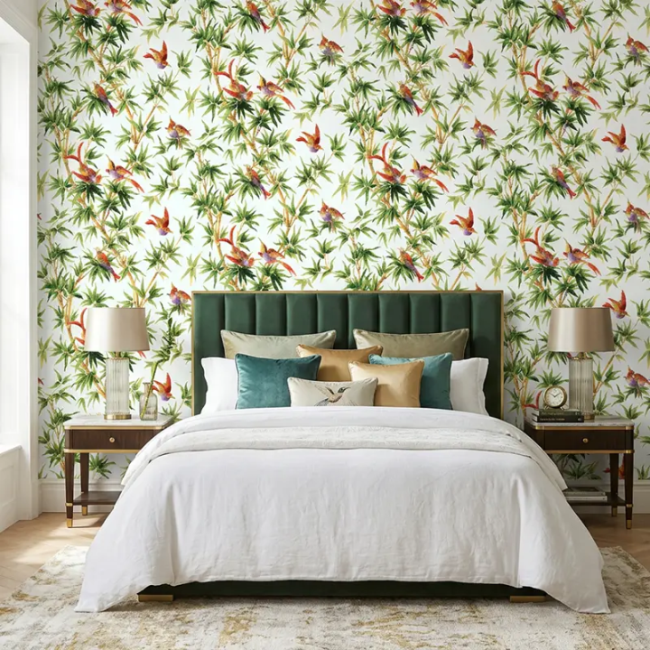 Tropical Paradise Birds Wallpaper at the head of bed